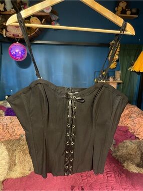 Unique Vintage Black Lace-Up Corset Top with Straps